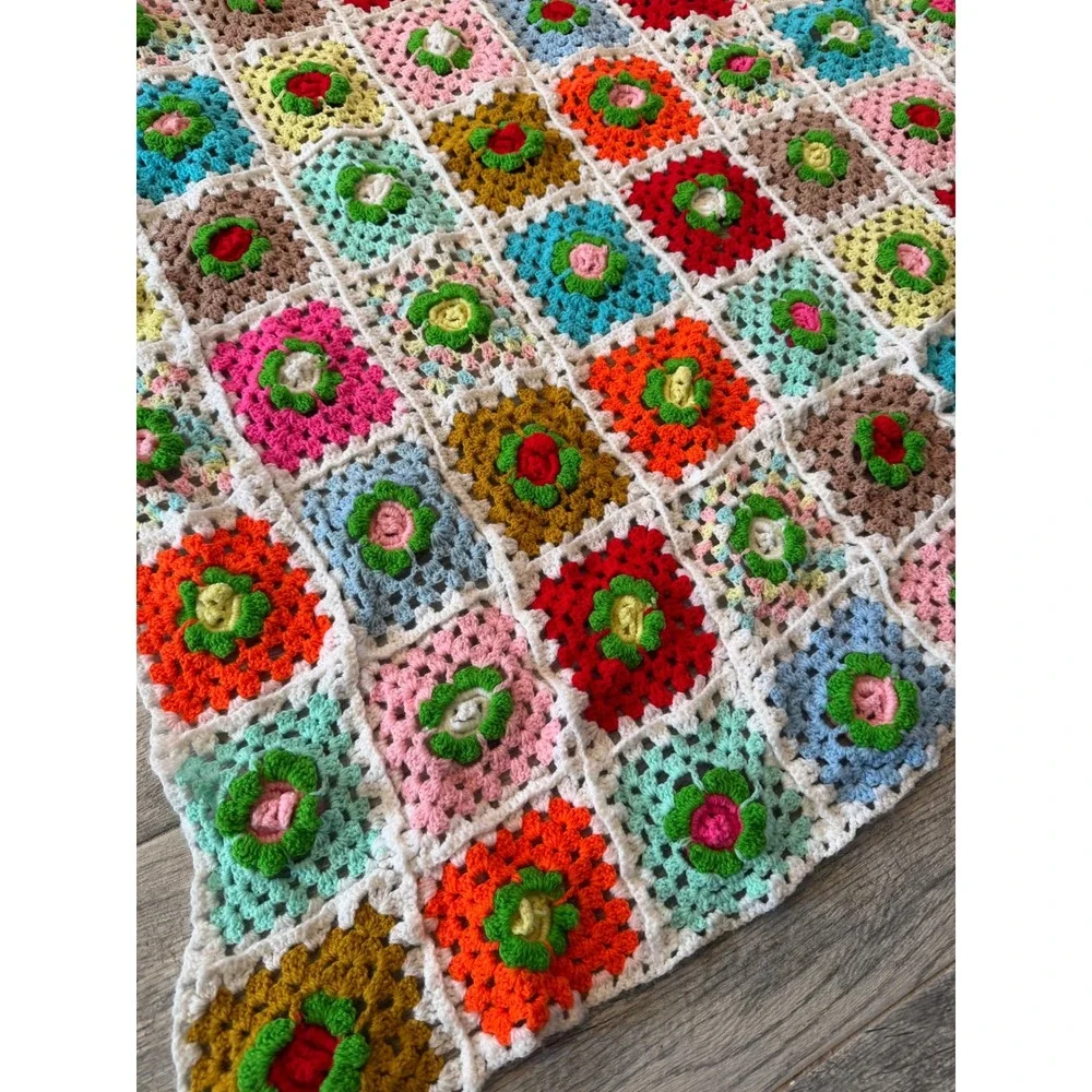 Crochet Granny Square Blanket Quilt Floral Retro Afghan Rainbow Throw Handmade